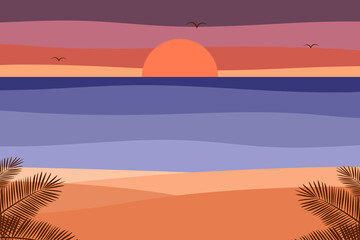 Vector with a design of a beach at sunset, with the sea in the background, with clouds, birds, palm trees and sand