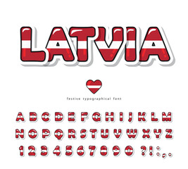 Wall Mural - Latvia cartoon font. National flag colors. Paper cutout glossy ABC letters and numbers. Bright alphabet for tourism design. Vector