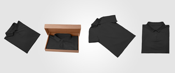 Wall Mural - Mockup of black beautifully folded polo, presentation of mens t-shirt in an open box, isolated on background.