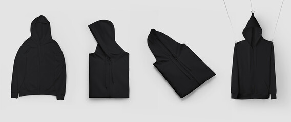 Set of blank hoodie templates with zipper, pocket, sports folded clothing, wrinkled wear on the ropes, isolated on background.