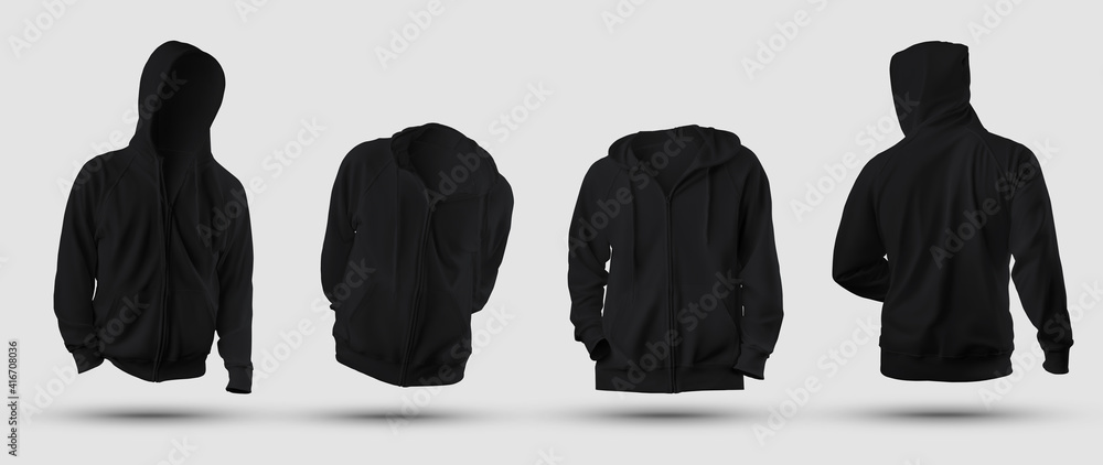 Set of mockups of black 3D rendering hoodie with zipper fastener, pocket, blank sweatshirt isolated on background, front, back view. - obrazy, fototapety, plakaty 