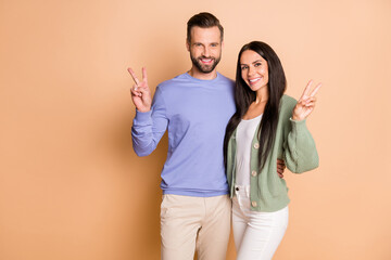 Poster - Photo of optimistic brunette nice couple show v-sign wear sweater isolated on beige color background