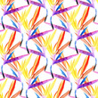 A seamless pattern of multicolored tropical strelitzia flowers is superimposed on each other by hand-painted watercolors on a white background. strelitzia bright flower petals blue purple orange red y