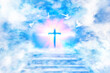canvas print picture - Stairs that go up to heaven with cross and doves