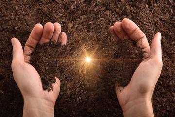 Wall Mural - Hands with dirt and glitter in center with ground background