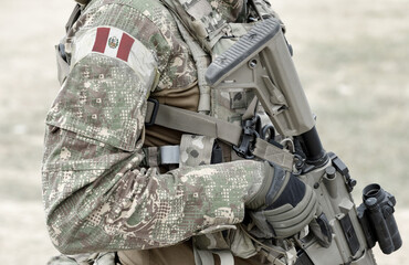 Soldier with assault rifle and flag of Peru on military uniform. Collage.