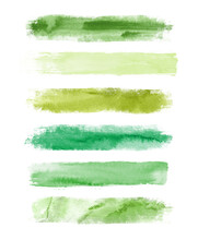 Watercolor Green Brush Strokes Isolated On White Background. Abstract Collection, Elements For Design.