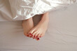 Soft photo of woman's feet under a blanket, top view point