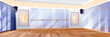 Ballet studio interior design background. Room in dancing school for lessons with handrail, wooden floor, mirror, posters with ballerinas, window. Horizontal panorama vector illustration