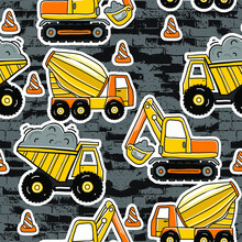 Seamless Pattern With Hand Drawn Construction Machines . Kids Background For  Textile,  Fashion, Wrapping Paper, Graphic Tees