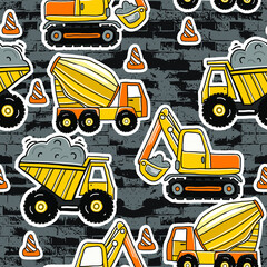 seamless pattern with Hand drawn construction machines . Kids background for  textile,  fashion, wrapping paper, graphic tees
