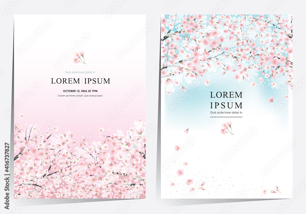 Vector editorial design frame set of spring landscape with cherry trees in full bloom. Design for social media, party invitation, Print, Frame Clip Art and Business Advertisement and Promotion - obrazy, fototapety, plakaty 