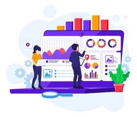 Wall Mural - business analysis concept, people work in front of a big laptop. auditing, financial consulting flat