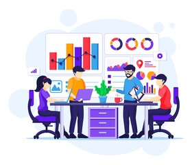 Wall Mural - business analysis concept, people sitting on desk work with charts and graphic data visualization fl