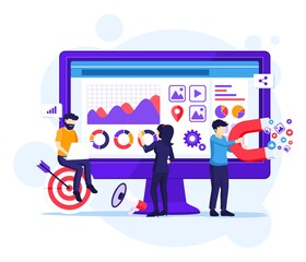 Wall Mural - Digital Marketing concept, people work in front of a big screen vector illustration