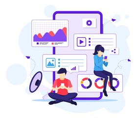 Wall Mural - Digital Marketing concept with people works near a giant smartphone vector illustration