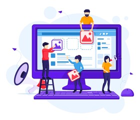 Wall Mural - Digital Marketing concept, people putting content images to promote products online flat vector illustration