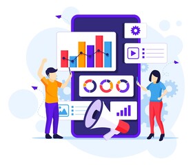 Wall Mural - Digital Marketing concept with people works near a giant smartphone flat vector illustration