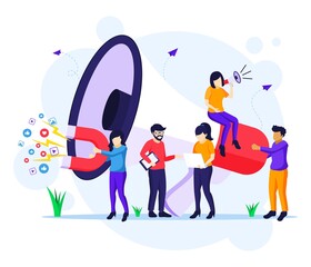 Wall Mural - Marketing strategy campaign concept, people holding and shout on giant megaphone for promotion and sales program flat vector illustration
