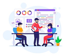 Wall Mural - programmers at work concept, people work on table using laptops programming and coding flat vector i