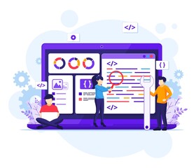 Wall Mural - software development concept, people work on a giant laptop programming and coding flat vector illus