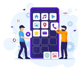 Wall Mural - mobile app development concept, people building and create software application on a giant smartphon