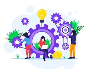 Wall Mural - team work concept, people putting together a series of cogs, links of the mechanism illustration