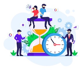 Wall Mural - time management concept with people work near a big clock and hourglass flat vector illustration