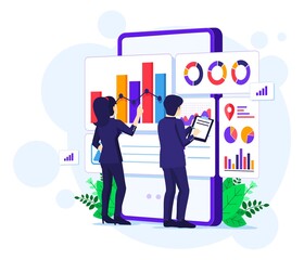 Wall Mural - data analysis concept, people work in front of a big mobile phone. auditing, financial consulting ve