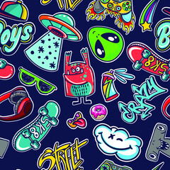 Wall Mural - Abstract seamless stickers pattern for boys, teenagers, fashion textile, clothes, wrapping paper. Repeated print with monsters doodle characters, graffiti text,  skate, ufo,