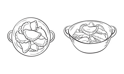 Hand-drawn sketch set of traditional dish from dough and meat. Vector illustration of gyoza in the plate, view from top. Homemade dumplings, vareniki line art isolated on white background.