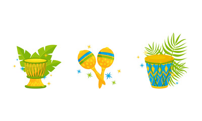 Wall Mural - Festive Brazil Attributes with Maraca and Drum Vector Set