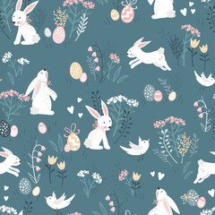 Wall Mural - Cute hand drawn Easter seamless pattern with lovely bunnies and decoration, great for textiles, banners, wallpaper, wrapping - vector design