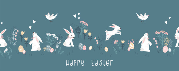 Cute hand drawn Easter seamless pattern with lovely bunnies and decoration, great for textiles, banners, wallpaper, wrapping - vector design