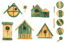 Collection Of Birdhouse Isolated On White Background. Watercolor Hand Drawing Illustration. Green And Yellow Wooden Bird House Handing. Perfect For Print.