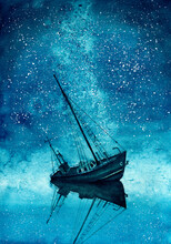 Watercolor Illustration Of A Grounded Ship With A Night Sky Strewn With Stars And Their Reflection In Sea Water