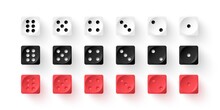 Red, Black, White Dice Cubes For Gambling Set. Casino Craps And Playing Games Vector Illustration. Poker Cubes Of Different Color, Numbers With Dots Isolated On White Background