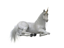 White Unicorn Lying Down. Fairytale Creature 3d Illustration Isolated On White Background.