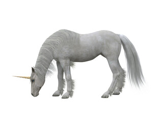 Wall Mural - White unicorn grazing. Fairytale creature 3d illustration isolated on white background.
