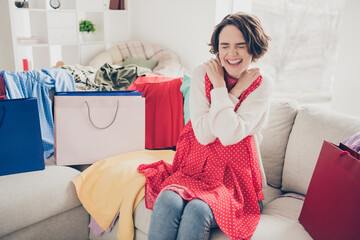 Wall Mural - Photo of crazy cheerful young woman hold red dress sit couch shopping bags purchase indoors inside house