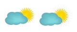 Fototapeta Zachód słońca - Simple vector sticker of a yellow sun coming out from behind a blue cloud. Cloudy weather icon. Clipart isolated on white background