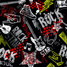 Rock Star. Grunge Rock Music Pattern With Guitar. Cool Background For Textiles, Wrapping Paper, Prints And More.