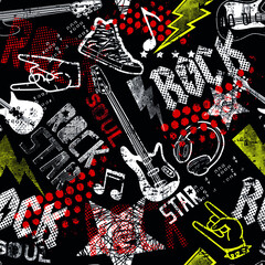 Rock star. grunge rock music pattern with guitar. Cool background for textiles, wrapping paper, prints and more.