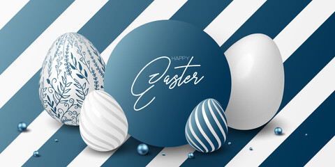 Wall Mural - Happy easter template with blue, white rustic floral eggs, dotted background. Vector illustration. Design layout for invitation, card, menu, flyer, banner, poster, voucher. Elegant design