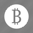 A large bitcoin symbol in the center as a hatch of black lines on a white circle. Interlaced effect. Seamless pattern with striped black and white diagonal slanted lines