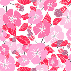 Wall Mural - Pink flowers and red leaves on a white background. Design for greeting cards, fabric, print, wrapping. Vector seamless pattern.