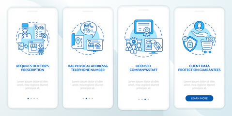 Safe online pharmacy signs onboarding mobile app page screen with concepts. Doctors prescription walkthrough 5 steps graphic instructions. UI vector template with RGB color illustrations