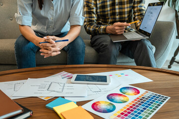 Wall Mural - professional creative team of web/graphic designer planning, drawing website ux app for mobile phone