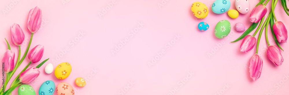 Easter - Decorated Eggs With Tulips On Pink Paper Background - obrazy, fototapety, plakaty 