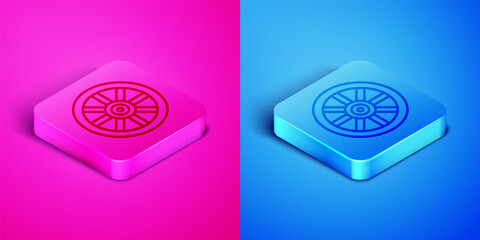 Canvas Print - Isometric line Old wooden wheel icon isolated on pink and blue background. Square button. Vector.